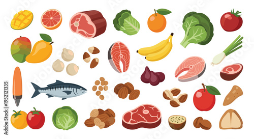 Assortment of healthy food items including fish, meat, fruits, vegetables, nuts, and seeds on a white background.