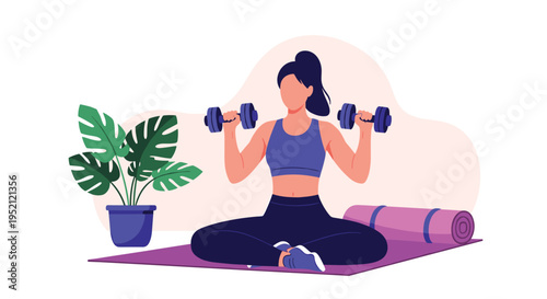Young woman sitting on a yoga mat and exercising with dumbbells in a peaceful home environment with a green plant.