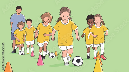 Children run towards soccer balls during practice on a green field in the late afternoon sun