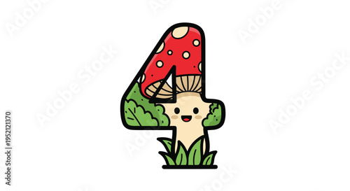 Cute mushroom character with a happy face designed in the shape of the digit number four on a white background.