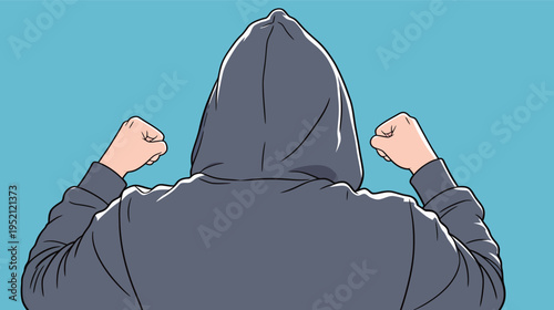 Person stands with fists raised, facing away against a blue background, showing confidence and readiness to take action while wearing a hoodie