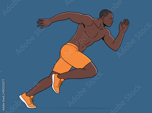 Runner in motion on blue background during daytime hours while training for a sprinting event