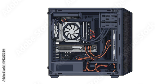 High-tech illustration showing the internal hardware components of a modern desktop computer including CPU, GPU, and fans.