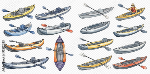Collection of various kayaks and canoes with paddles, showcasing different designs and colors for water sports and recreation.