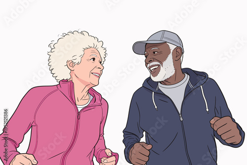 Seniors jogging together in a friendly manner on a sunny morning in a park environment