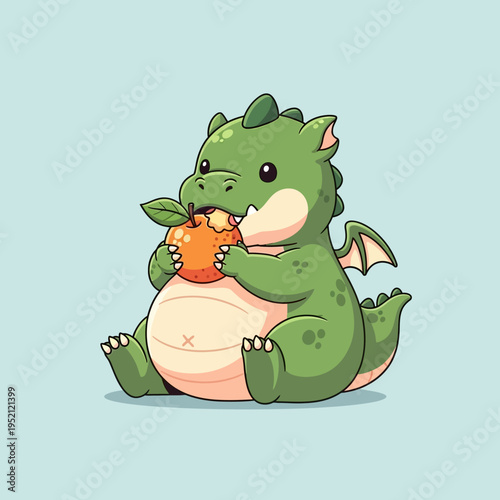 A cute, chubby, green baby dragon is sitting down and happily eating a juicy orange, with its tiny wings spread slightly.