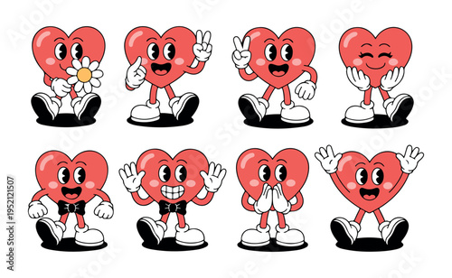 A charming set of eight retro cartoon heart characters showing various cheerful poses and expressions