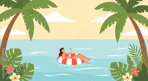 Beautiful tropical scene of a woman relaxing on a red and white floatie in the turquoise ocean water between palms.