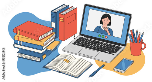 Organized student desk featuring a stack of books, an open notebook, and a laptop showing an online video lecture.