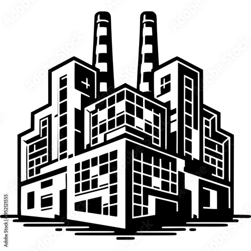 Factory Silhouette: A bold, stylized graphic of an industrial factory with prominent smokestacks, symbolizing production, manufacturing, and industry.