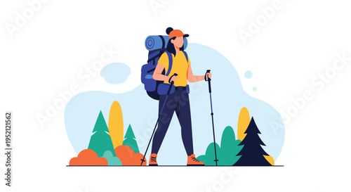 Determined female hiker with a large backpack and trekking poles walks through a colorful autumn forest landscape.