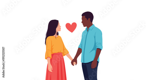 Young romantic couple holding hands and looking into each others eyes with a large floating red heart between them.