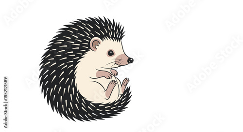 Cute little hedgehog curled up into a ball showing its soft belly and sharp quills on a plain white background.