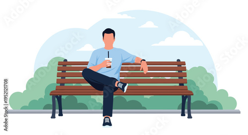 Stylish man sitting alone on a wooden park bench holding a coffee cup while relaxing in a peaceful outdoor public garden environment.