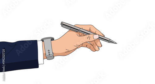 Close up view of a hand wearing a grey smartwatch and holding a silver pen in a writing position against a clean white background.