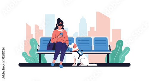 Blind woman sitting on a public bench in the city using her smartphone and being assisted by her loyal white guide dog on a leash.