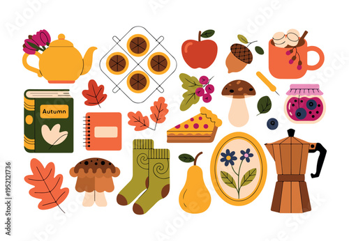 A delightful collection of cozy autumn themed items including warm drinks and colorful leaves