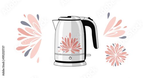 Modern white electric kettle decorated with pink floral patterns surrounded by abstract petal shapes and flower icons on a white background.