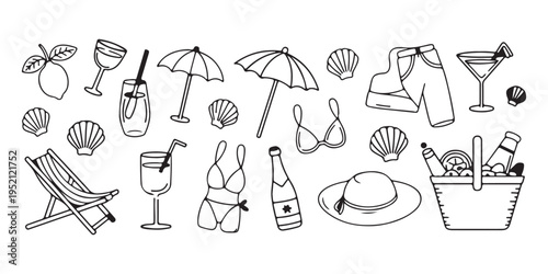 A diverse collection of line art summer and beach vacation items for leisure and relaxation