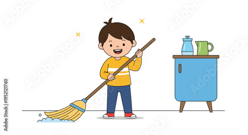 Happy young boy holding a broom and sweeping the floor in a kitchen to help with household chores and cleaning responsibilities.