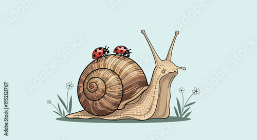 Detailed illustration of a large garden snail with two cute ladybugs resting on its spiraled brown shell in a grassy meadow with flowers.