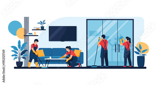 Professional cleaning service team working together to clean a modern living room with specialized equipment and blue uniforms.