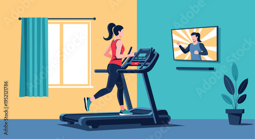 Active woman training on a treadmill in her home gym while watching a fitness workout program on the television screen for guidance.