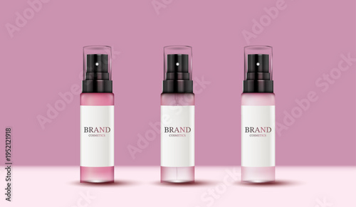 Blank cosmetic spray bottles mockup on pink background. Skincare beauty product packaging template. Three realistic clear glass dispensers with white label for facial mist, serum, or perfume brand.