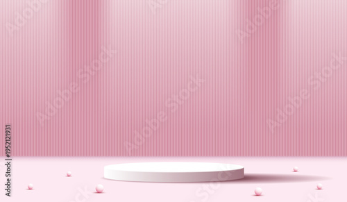 3D white cylinder podium on pastel pink background with vertical stripes and scattered spheres. Empty stage pedestal mockup for beauty cosmetic product display, showcase, or presentation template.