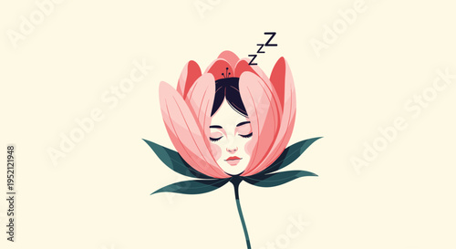 Dreamy illustration of a beautiful young girl with her eyes closed sleeping peacefully inside a large pink lotus flower bloom.