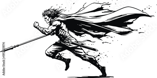 Fantasy warrior running with spear and flowing cape, heroic medieval fighter illustration, epic battle character concept art vector