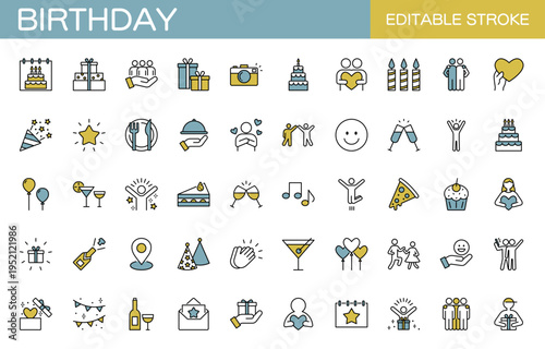 誕生日に関するラインアイコンセット　パーティー・プレゼント・お祝いなど（線幅変更可能・カラー）