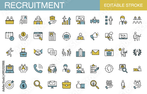 リクルートに関するラインアイコンセット　面接・就職活動など（線幅変更可能・カラー）