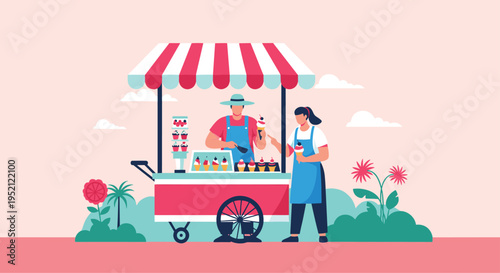 Friendly ice cream vendors serve delicious treats from a colorful street cart decorated with pink flowers on a sunny summer day.