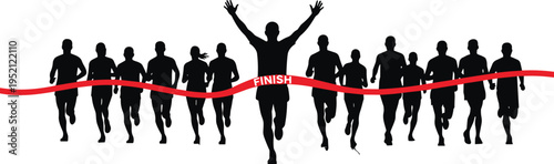 Marathon runners silhouette crossing finish line, athletic race competition crowd, winning athlete celebrating victory, marathon event vector illustration sport concept