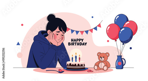 Melancholy young woman sits alone at a table with a birthday cake and balloons, reflecting on her feelings of sadness and loneliness.