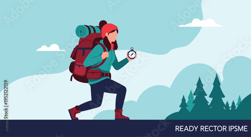Adventurous female hiker with a large red backpack and a red beanie uses a compass to find her way through a mountain landscape.