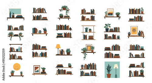 Diverse collection of bookshelf icons features various arrangements of books and decorative plants for home library design inspiration.