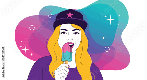 Vibrant pop art style illustration of a trendy blonde girl wearing a purple cap and enjoying a colorful pink and blue popsicle.
