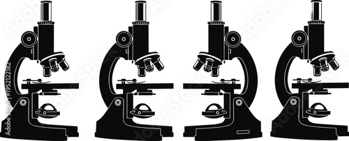 Microscope silhouettes collection, laboratory scientific equipment for research, biology and chemistry analysis instrument vector illustration set