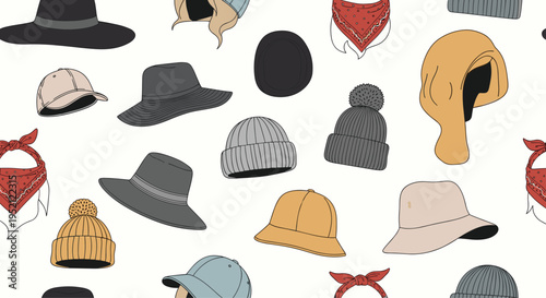 Extensive seamless pattern displays a variety of stylish headwear including beanies and baseball caps in different colors and styles.