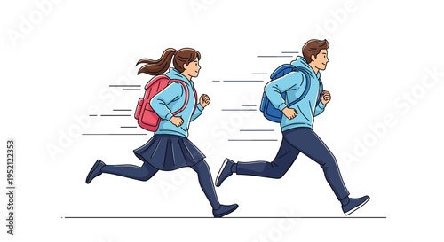 Energetic students wearing school uniforms and backpacks run quickly to arrive on time for their classes on a bright morning.