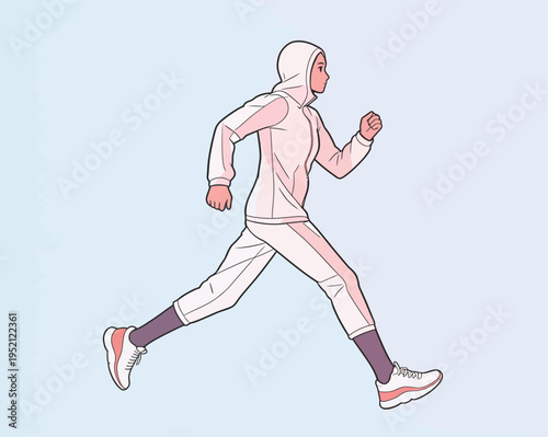 Running figure in a hoodie and sportswear on a light background during an outdoor activity