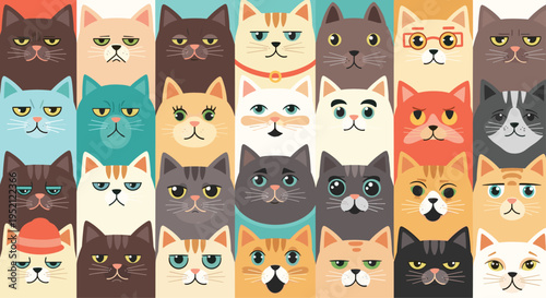 Diverse grid of cat faces with unique expressions and colors creates a charming and whimsical animal pattern for feline lovers.