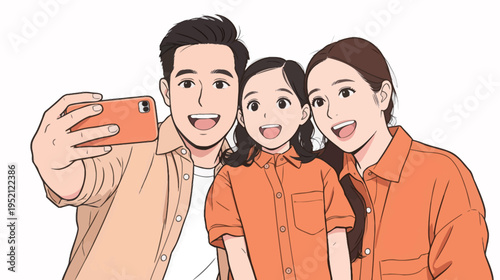 Family takes selfie while wearing matching orange shirts in their home living room on a bright day
