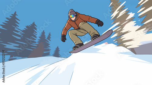 Snowboarder jumps during a sunny winter day in a ski resort surrounded by pine trees and snow-covered hills