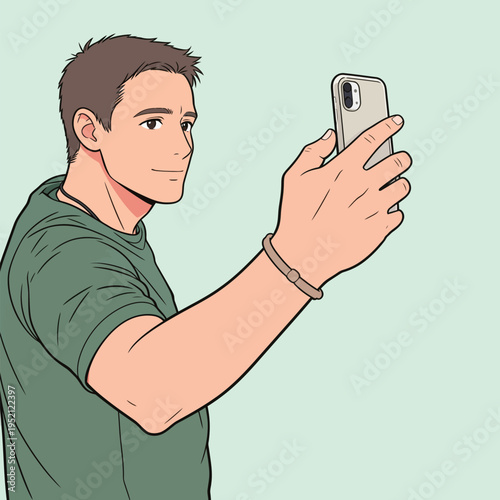 Man taking a selfie while holding a smartphone in front of a plain background with a light color