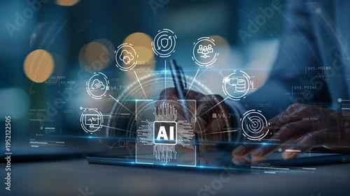 Black business man using tablet with artificial intelligence, cloud computing and cybersecurity icons, representing data protection, privacy, secure systems and digital transformation.