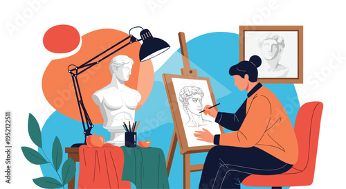 Creative female artist working on a sketch in her studio with an easel, sculpture bust, and professional desk lamp setup.