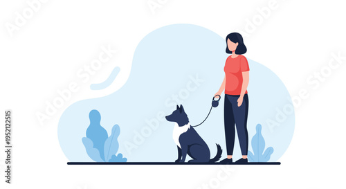 Young woman walking her pet dog on a leash in a minimalist outdoor park setting with blue abstract foliage and sky.